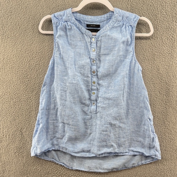 Tahari 100% Linen Chambray Sleeveless Henley Top Blue Women’s Small - Picture 2 of 7